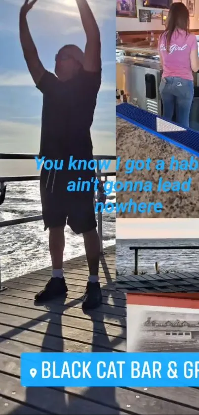 Man enjoying a serene seaside view on a pier with bar scene insert.