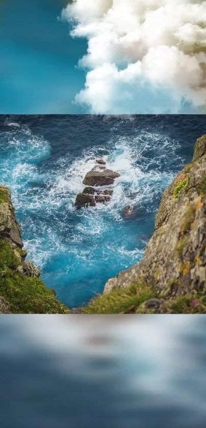 Stunning oceanic cliff view with waves crashing into rocky shores.