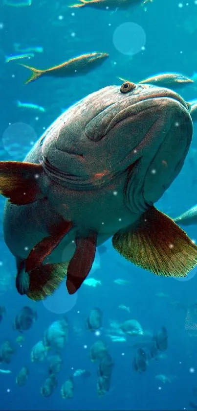 Underwater view of fish swimming in vibrant blue ocean.