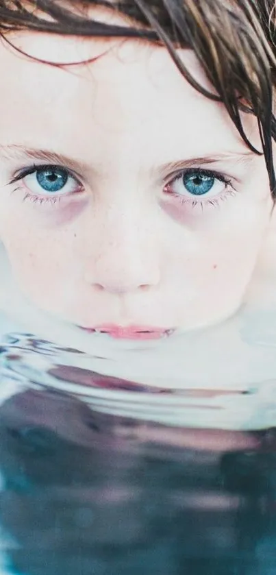 A serene portrait of a child with captivating blue eyes above tranquil water.