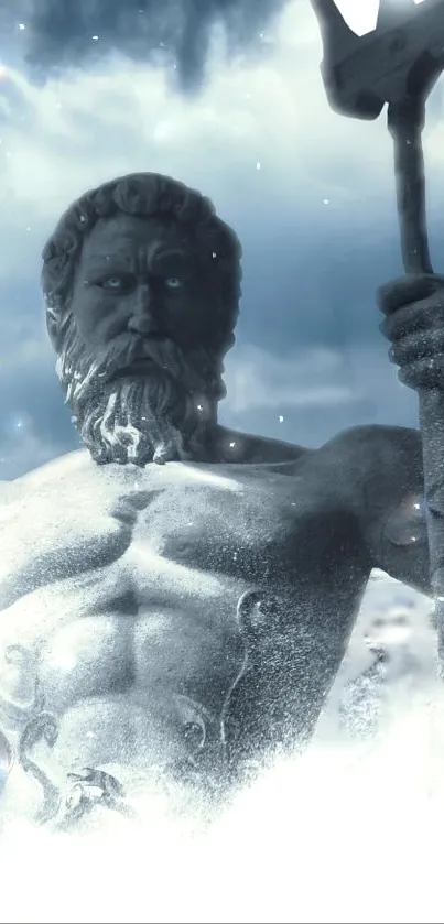 Ocean god statue rises from stormy waves.