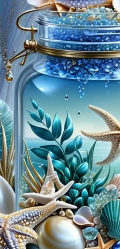 Ocean-themed wallpaper with jar, starfish, and seashells.