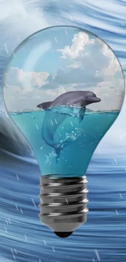 Dolphin in a lightbulb on ocean wave background.