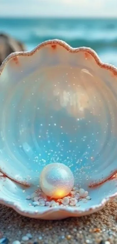 A pearl resting inside an open seashell on a sandy beach with the ocean in the background.