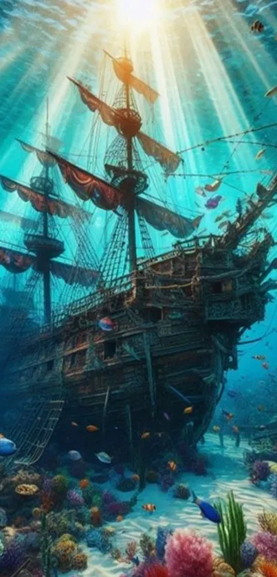 Sunken pirate ship amidst vibrant marine life underwater.