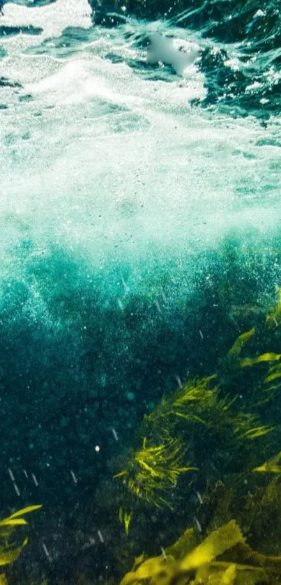 Ocean waves crashing over seaweed in vibrant teal and green hues.