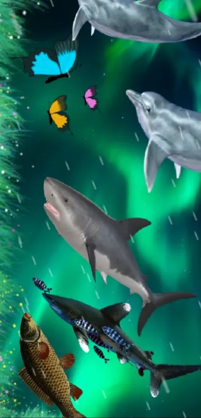 Vibrant ocean wildlife with aurora backdrop and dolphins.