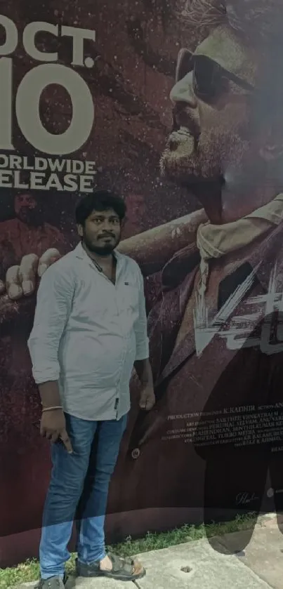 Person in front of movie release poster.