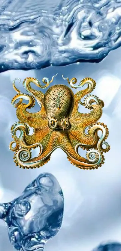 Golden octopus on icy blue background mobile wallpaper.