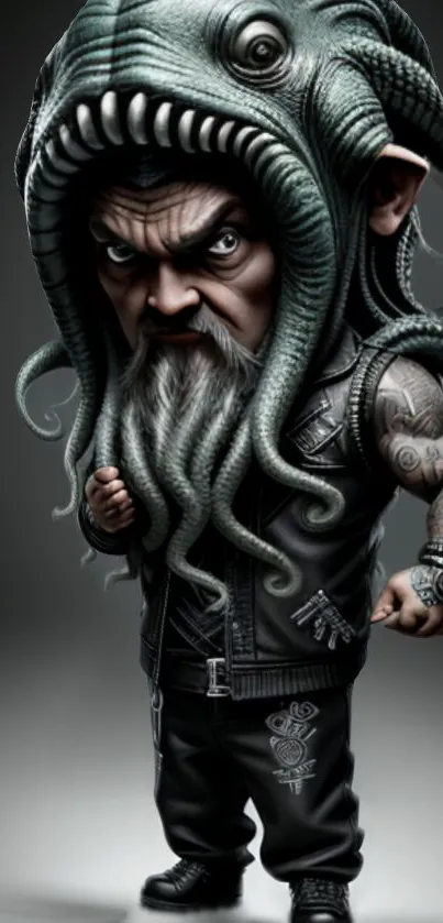 Octopus-headed character with tattoos in a dark design.