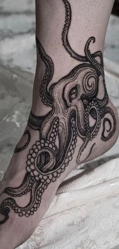 Intricate octopus tattoo on a foot, showcasing detailed artistry.