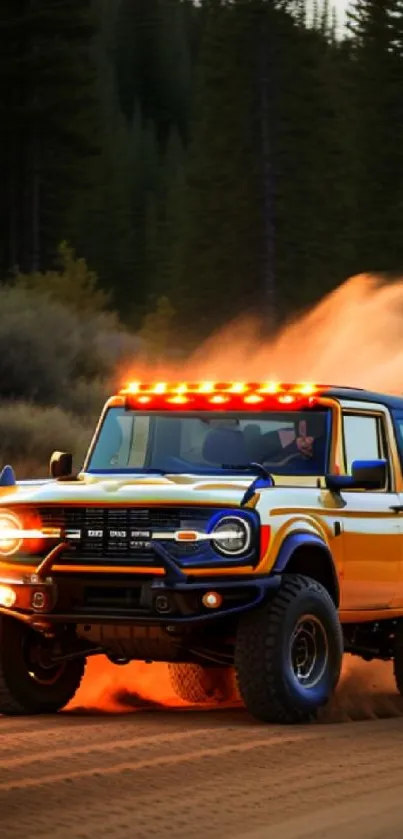 Rugged SUV kicking up dust on a scenic forest trail, illuminated by vibrant lights.