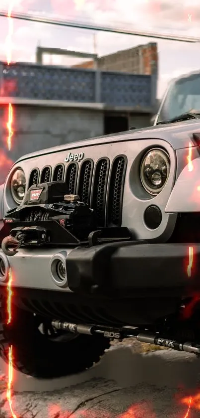 Fiery Jeep front view with bold design.