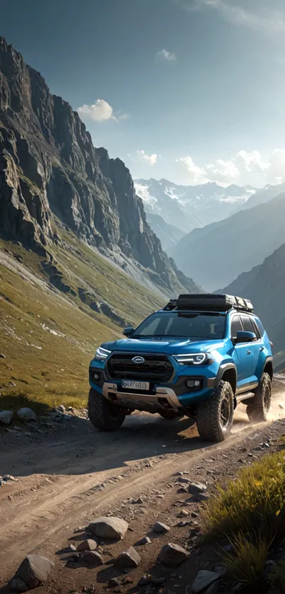 Blue off-road vehicle on a mountain trail with scenic views.