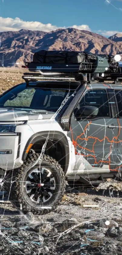 Rugged off-road vehicle in mountain landscape.