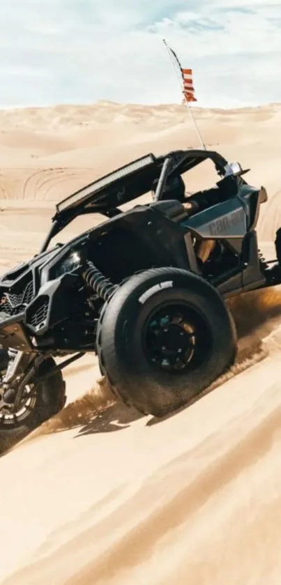 Off-road dune buggy racing across sandy dunes.