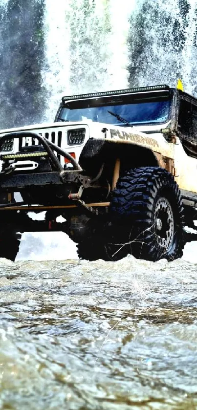 Off-road jeep by a waterfall background.