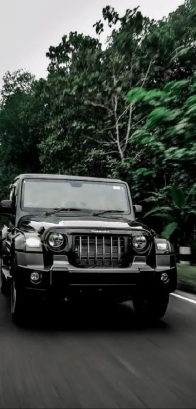 SUV driving through a lush green forest road.