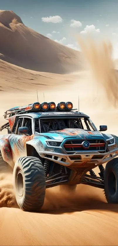 Monster truck racing through desert sands, capturing thrilling off-road adventure.