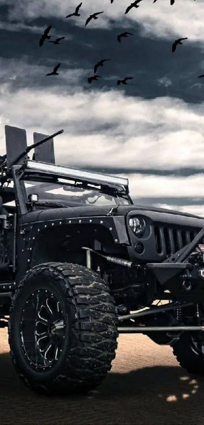 Black off-road Jeep with birds flying in the sky.