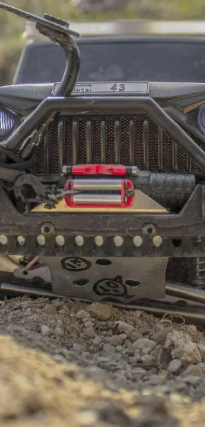 Close-up of an off-road Jeep navigating rocky terrain, showcasing adventure and ruggedness.