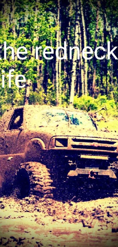 Off-road truck splashes through mud in a scenic forest setting.