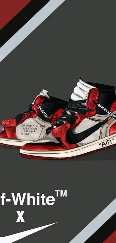 Off-White sneaker art wallpaper with red, black, and white color scheme.