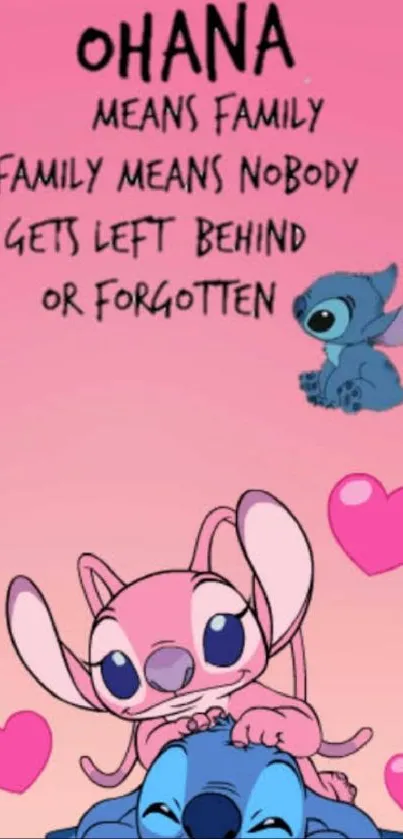 Cute Ohana-themed wallpaper with family quote and pink hearts.