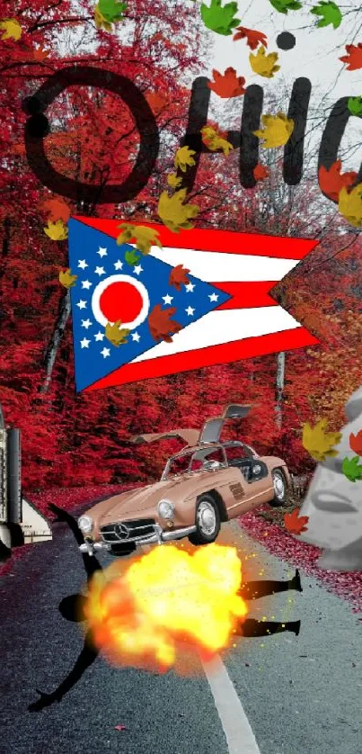 Ohio-themed wallpaper with autumn red forest and cultural icons.