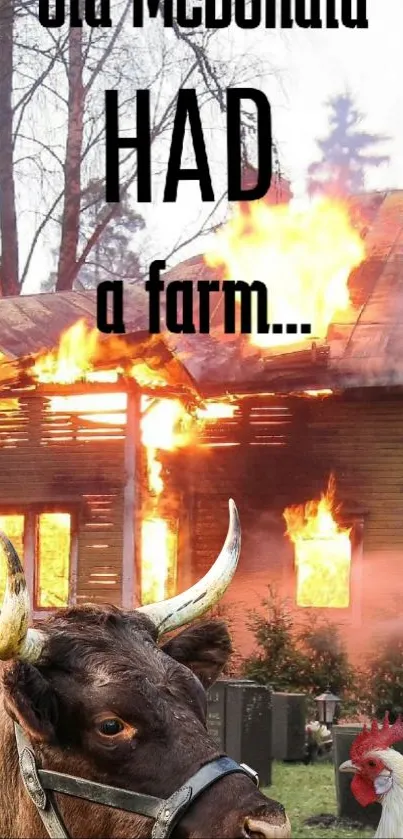 Burning farmhouse with cow and rooster in foreground.