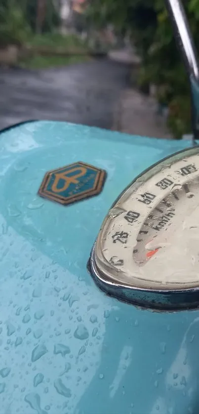 Close-up of a vintage scooter with rain droplets on a rainy day.