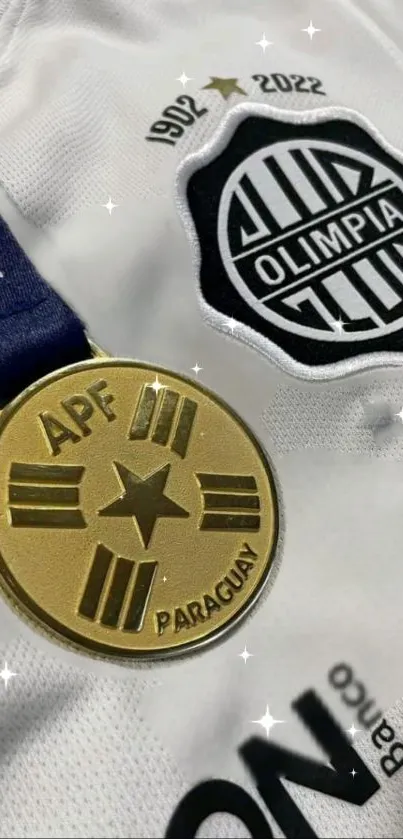 Gold Olimpia medal on a white jersey with emblem, sparkling details.