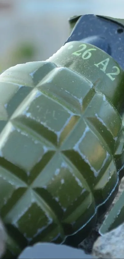 Close-up of an olive green grenade with detailed patterns for unique wallpaper.