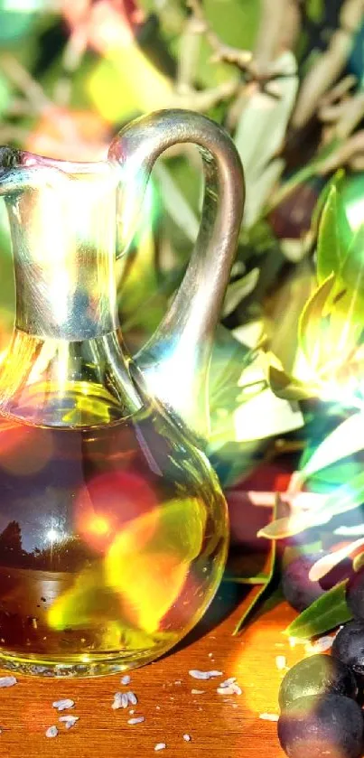 Olive oil and branches on a wooden table with ripe black olives.
