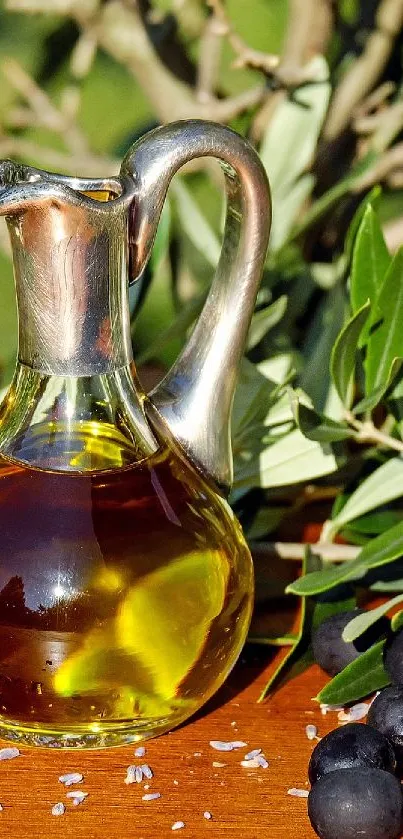 Mobile wallpaper with olive oil, olives, and leaves on a wooden table.