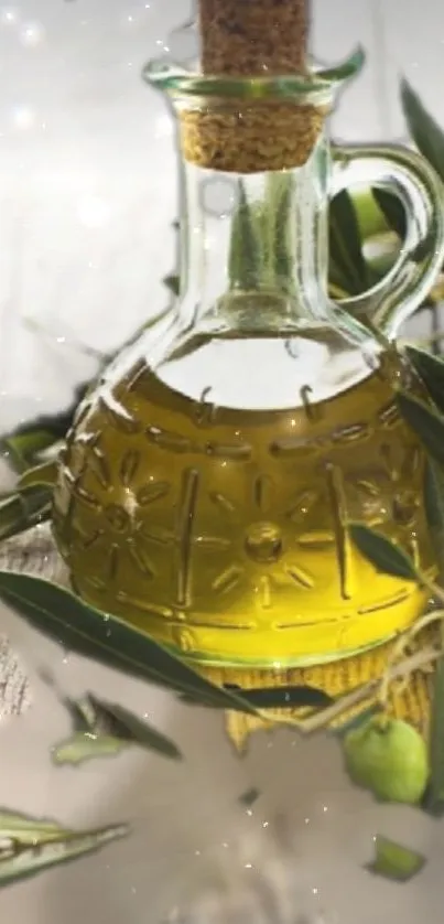 Glass bottle with olive oil and leaves on a light background.