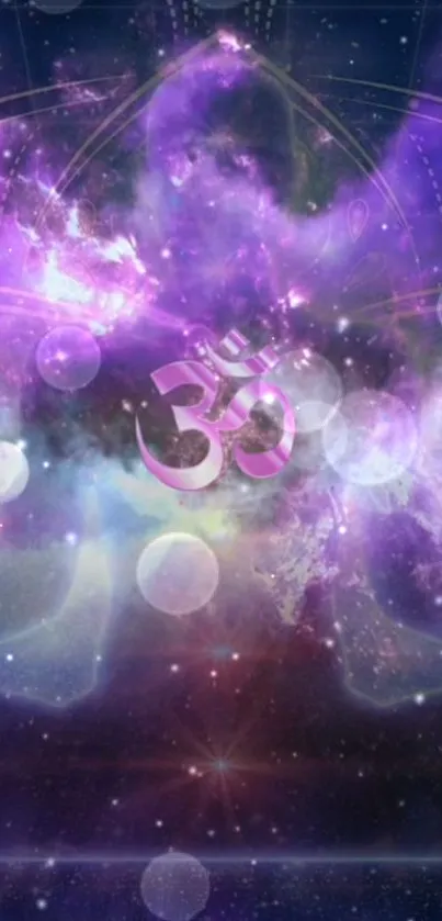 Mystical purple galaxy wallpaper with Om symbol and cosmic elements.