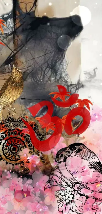 Colorful wallpaper with Om symbol and birds in a floral and artistic design.