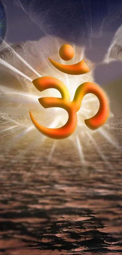 Vibrant orange Om symbol radiating light on a mystical background.