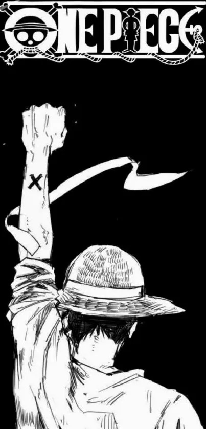 Luffy One Piece anime wallpaper in black and white.