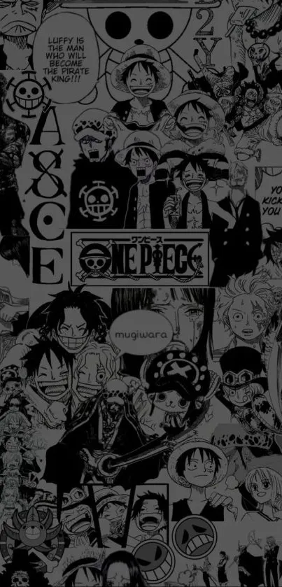 One Piece manga collage wallpaper featuring iconic characters in black and white.