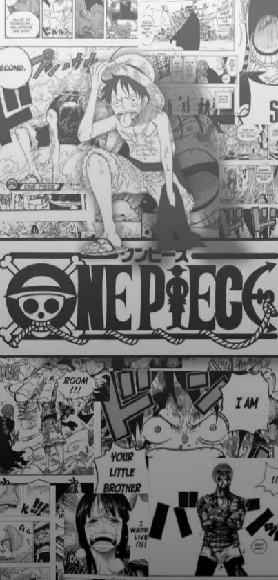 Luffy One Piece manga collage monochrome wallpaper.