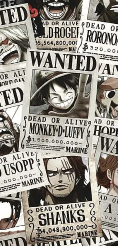 One Piece wanted posters featuring various characters in an anime style.