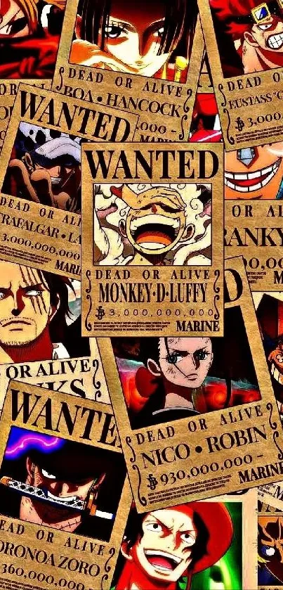 One Piece wanted posters wallpaper featuring vibrant anime characters.