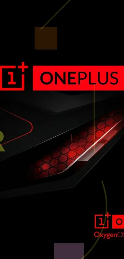 OnePlus wallpaper with black and red design featuring logos.