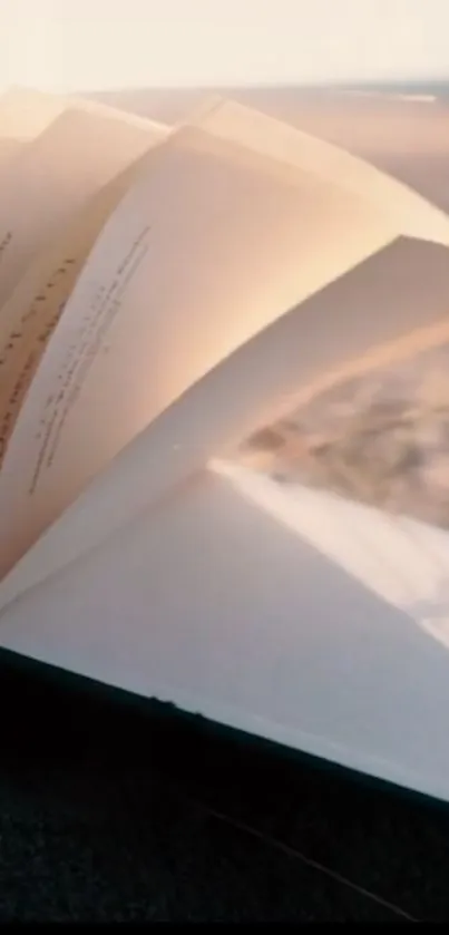 Open book on a sandy beach against a warm sunset background.