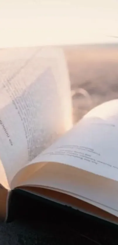 Open book lying on a sandy beach during sunset.