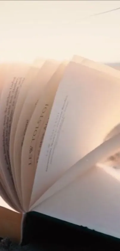 Open book on sand under warm sunlight, pages gently turning.
