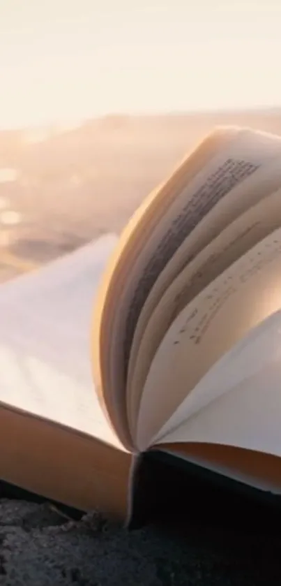 Open book on a sandy beach at sunset, capturing a serene moment.