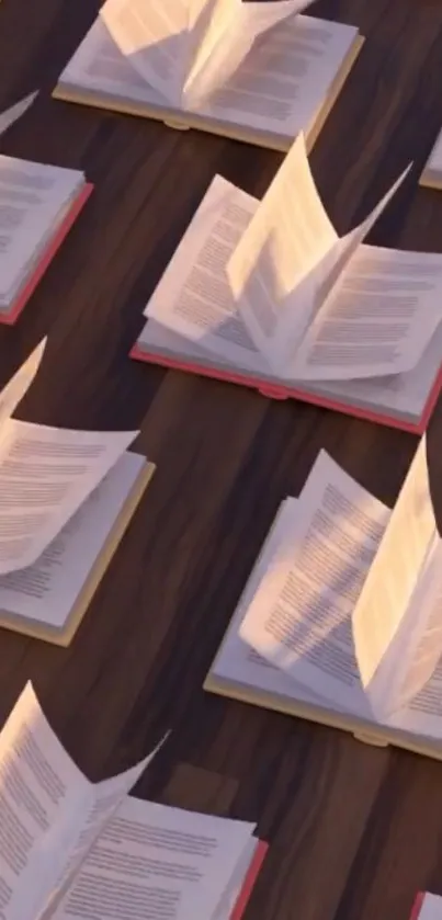 Open books neatly arranged on a wooden table.